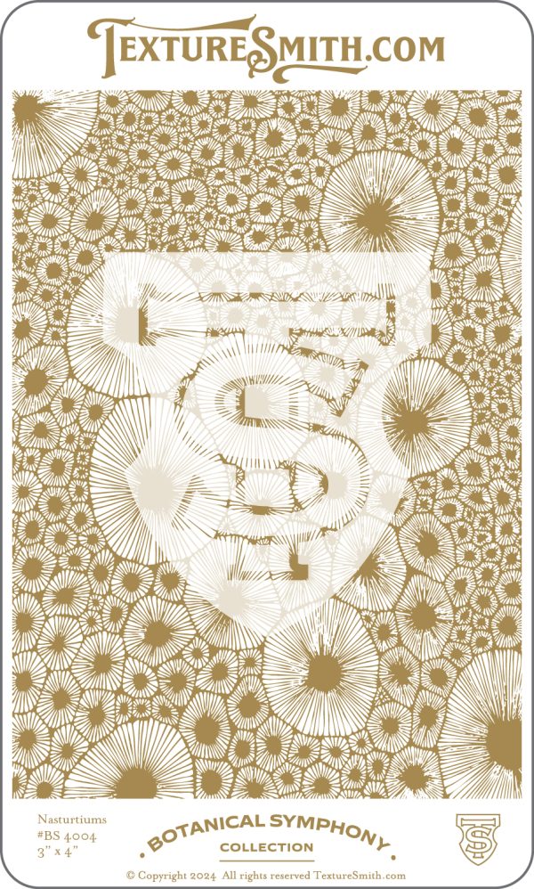 Botanical design with intricate floral patterns.