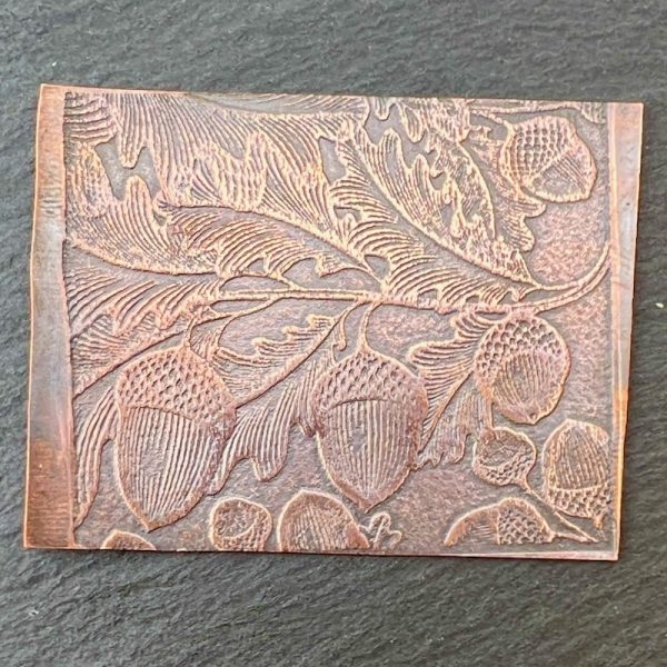 Engraved metal plate with acorn design.