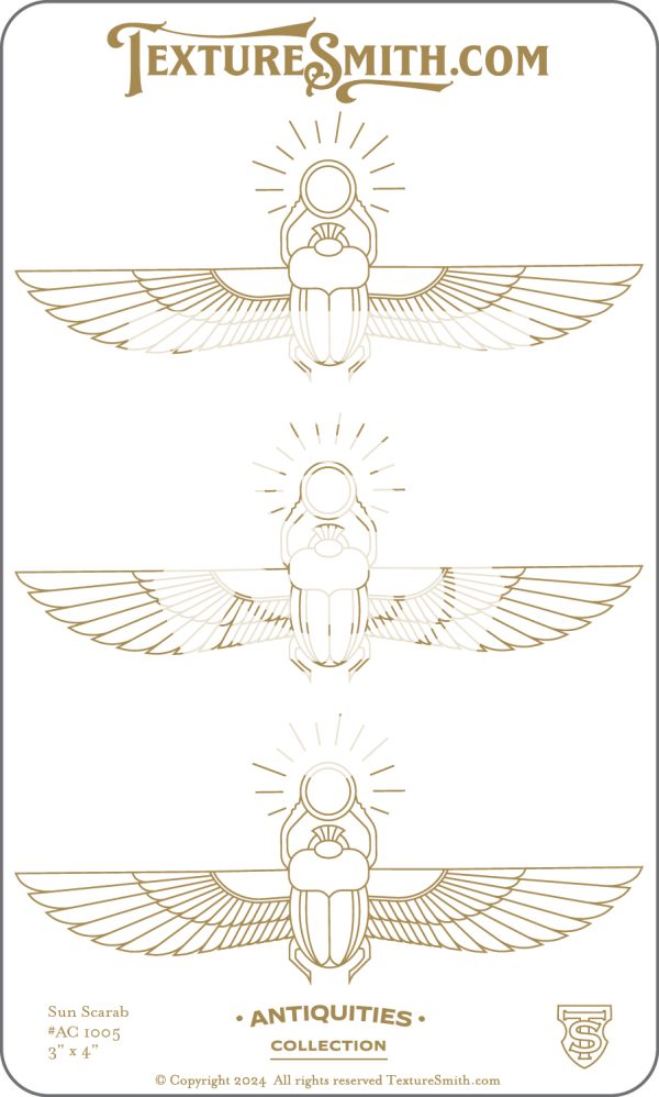 Three winged scarabs with radiant circles.