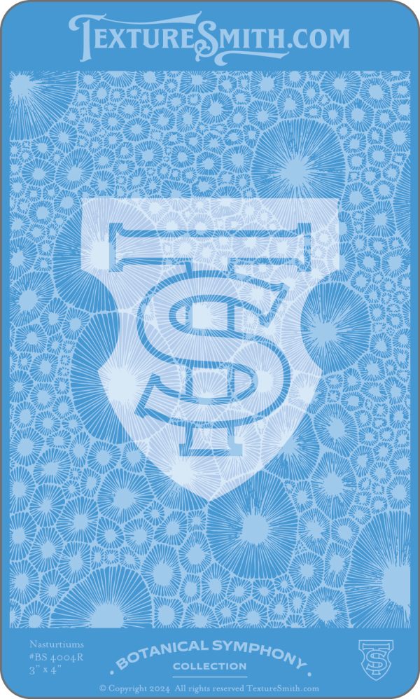 Blue floral pattern with central shield design.
