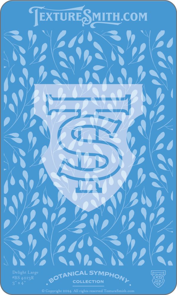 Blue botanical pattern with stylized shield design.