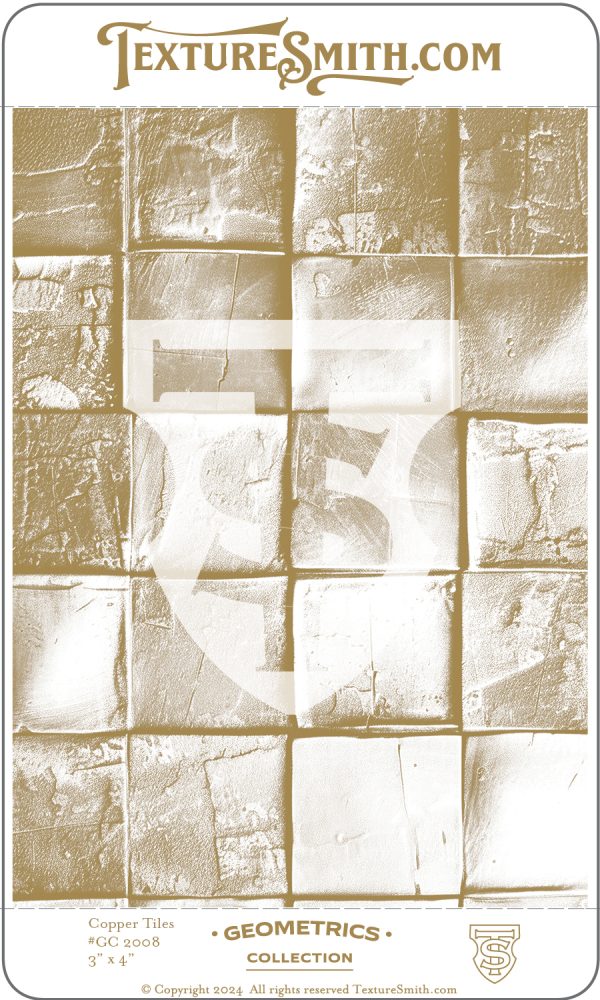 Geometric copper tiles with textured surface pattern.