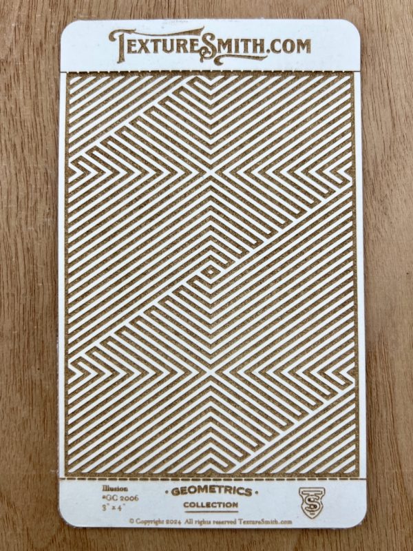 Geometric pattern laser-cut stencil on wood.