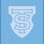 Blue geometric pattern with white logo design.