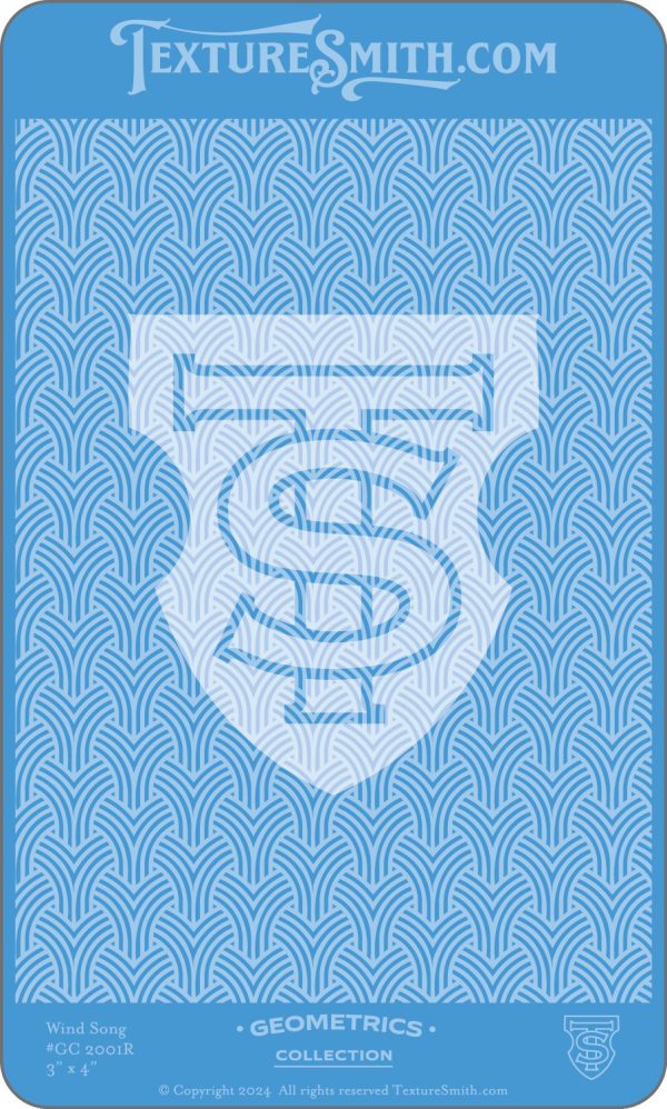 Blue geometric pattern with white logo design.