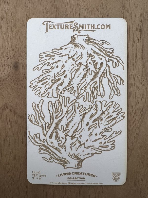 Coral illustration on textured card background.