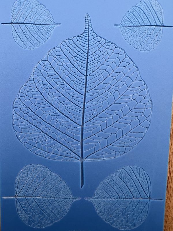 Embossed leaves on blue textured surface.