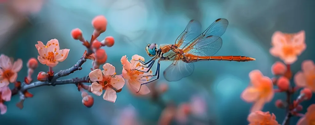 A dragonfly perched on a pink flower with a soft blue background.