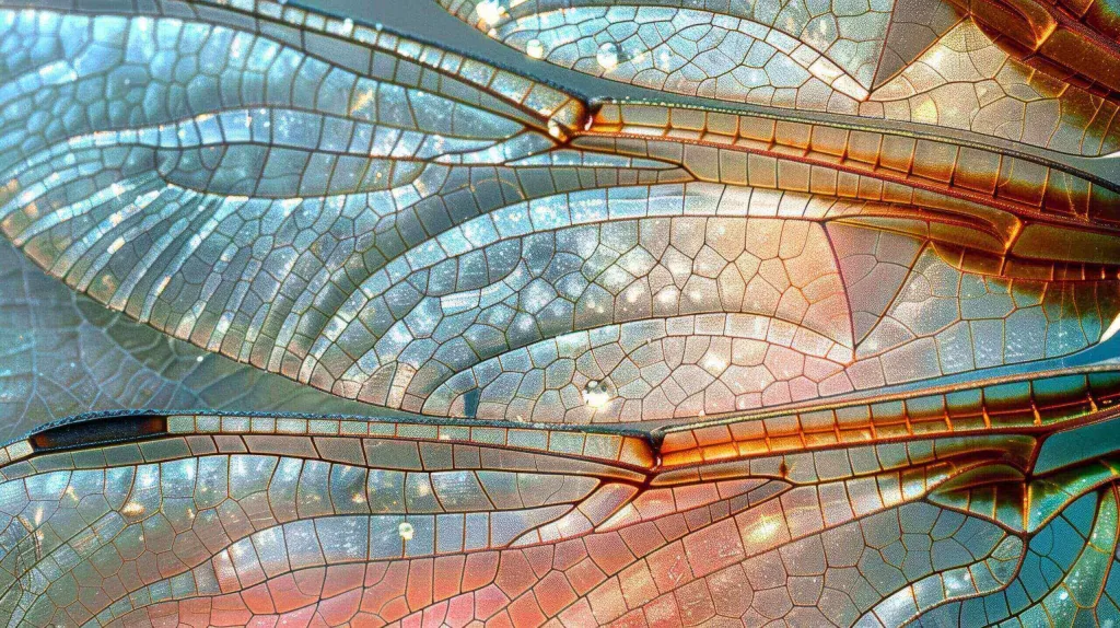 Close-up of iridescent dragonfly wings showing intricate vein patterns.