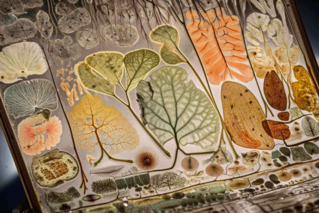 A collection of various dried leaves and seed pods arranged on paper.