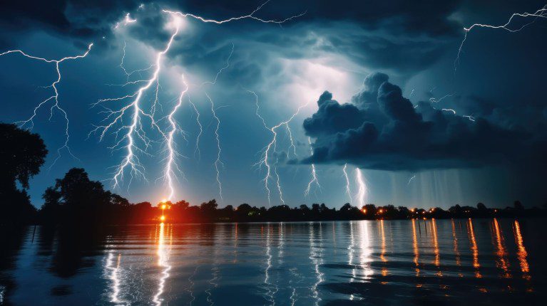 Lightning strikes illuminate a stormy night over calm water.