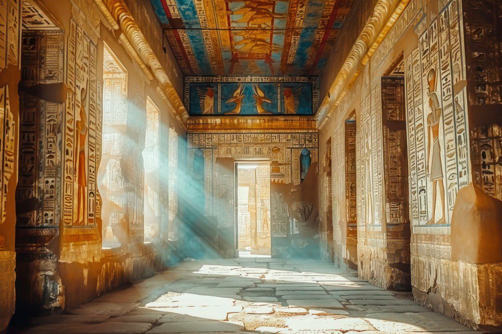 Sunlight streams into an ancient Egyptian temple adorned with hieroglyphs.