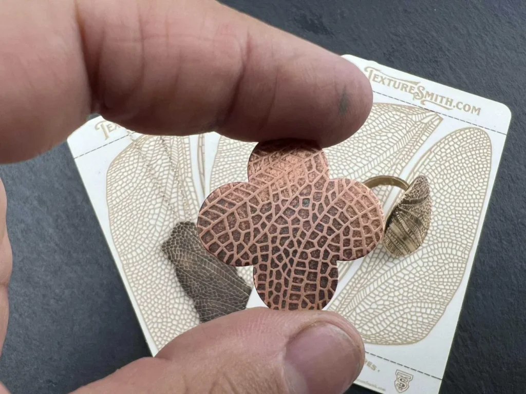 Close-up of a hand holding a small, patterned leaf.