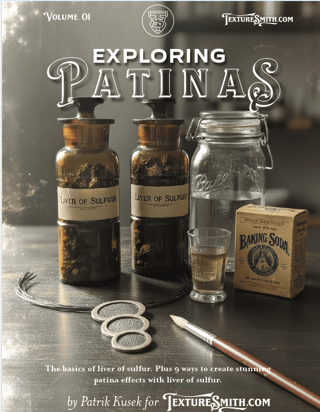 Vintage bottles and tools for exploring patinas on metals.