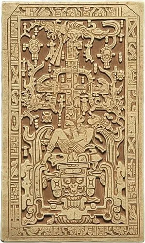 Intricate ancient relief carving depicting a figure on a throne surrounded by symbolic motifs.