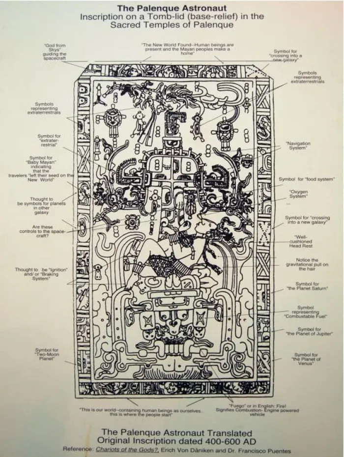 Ancient carved stone slab with intricate symbolic designs and annotations.