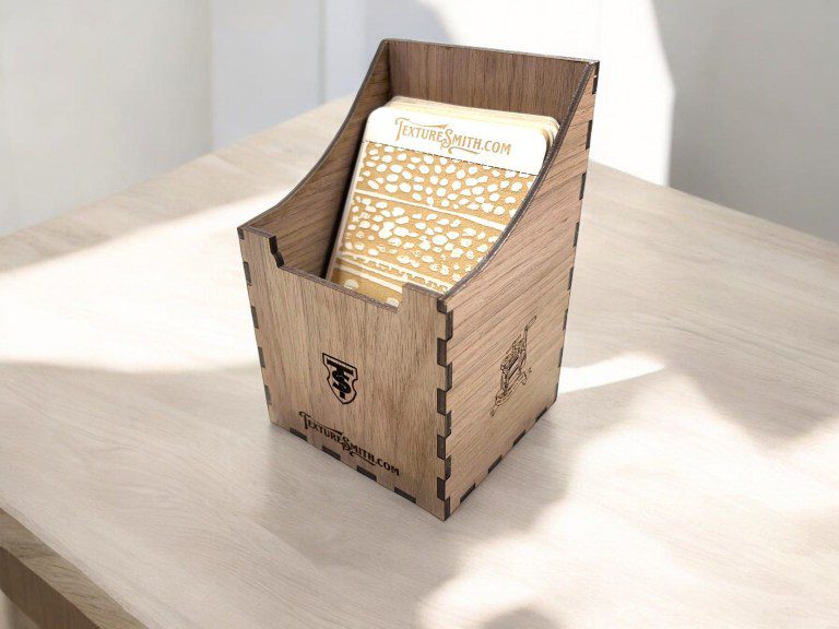 Wooden recipe box filled with vintage recipe cards.