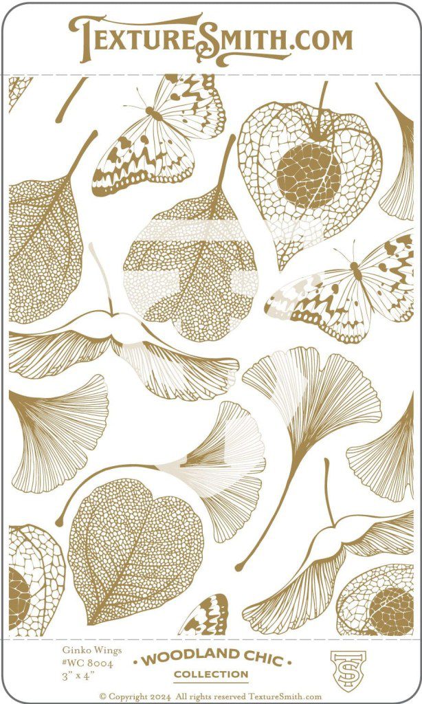 Delicate botanical illustration of ginkgo leaves and seed pods in soft beige tones.