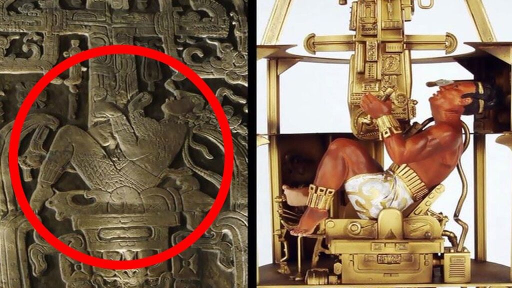 An ancient relief with a highlighted serpent figure on the left and an Egyptian pharaoh statue on the right.