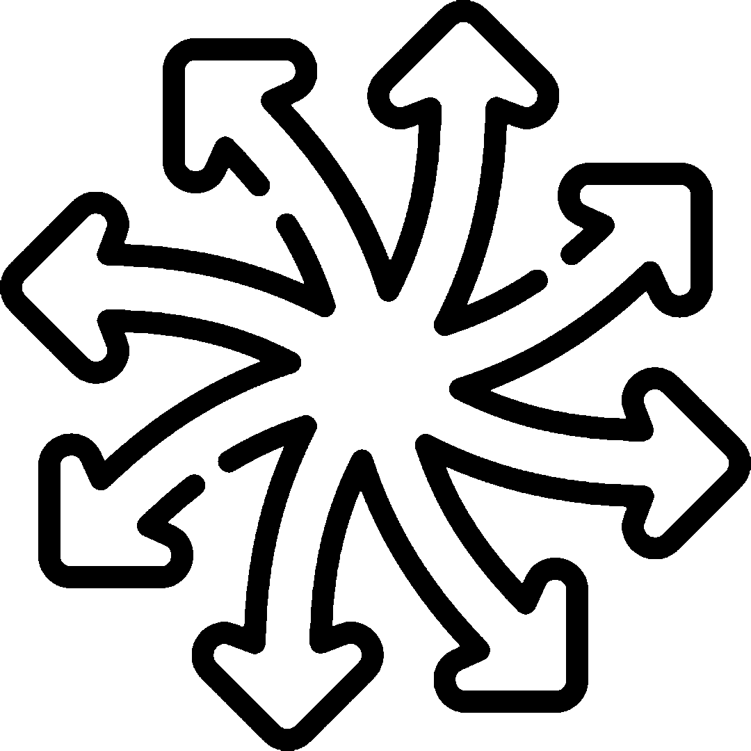 Black arrows radiating outward in multiple directions.
