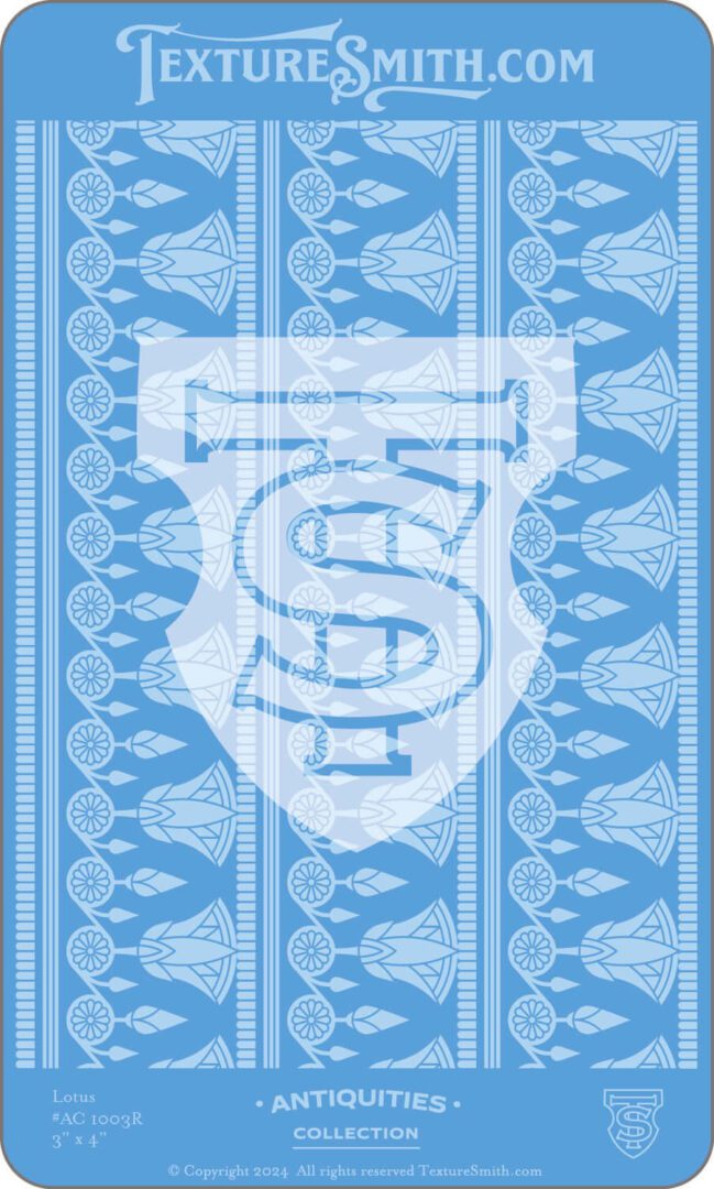Intricate blue geometric pattern with a central T and S monogram.