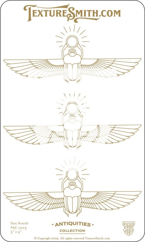 Three ancient Egyptian winged scarab designs in gold.
