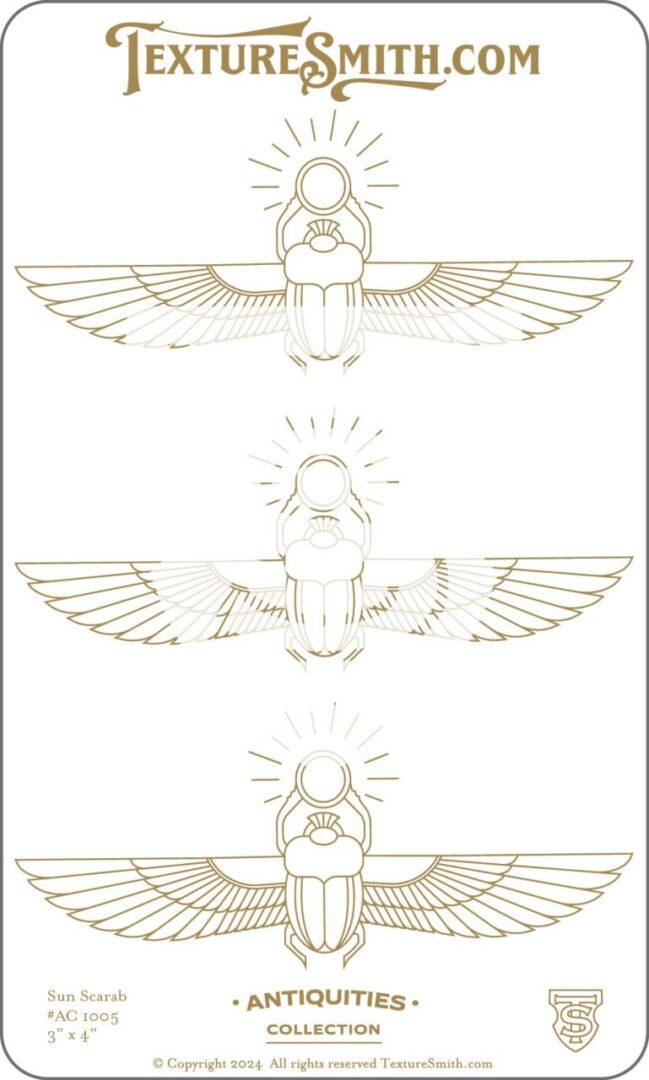 Three ancient Egyptian winged scarab designs in gold.