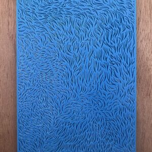Blue abstract painting with flowing, curved lines creating a textured effect.