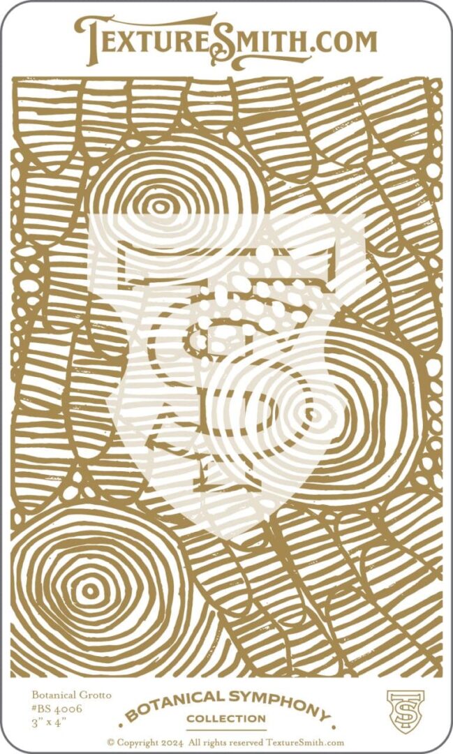 Artistic woodcut-style design featuring a stylized face and circular patterns.