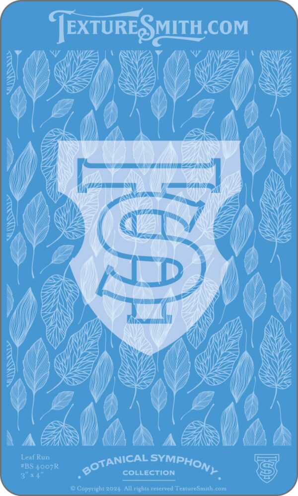 Blue emblem with stylized intertwined letters on a leaf-patterned background.