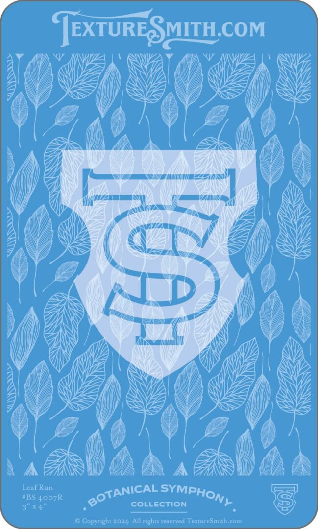 Blue emblem with stylized intertwined letters on a leaf-patterned background.