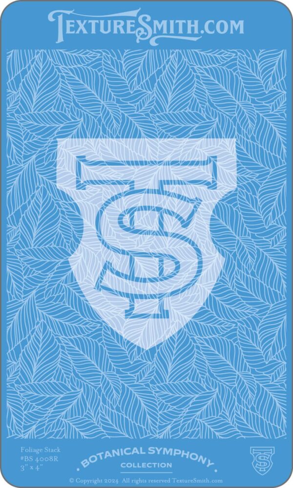 Blue emblem with intertwined letters and a leaf pattern background.