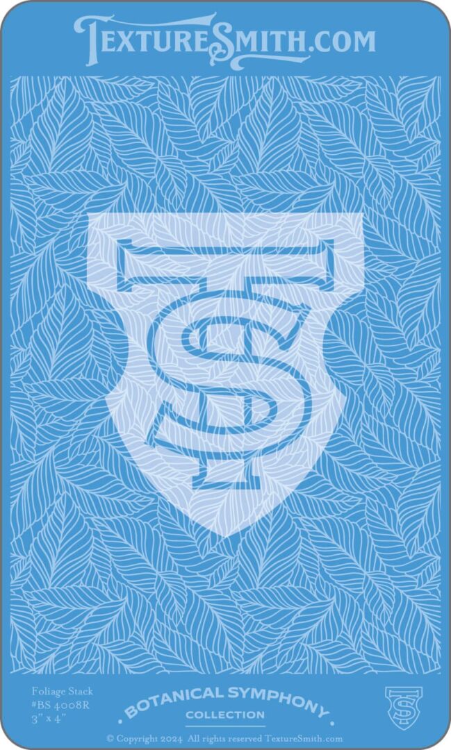 Blue emblem with intertwined letters and a leaf pattern background.