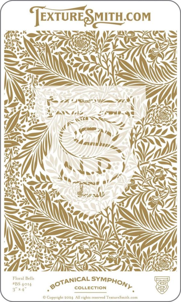 Intricate gold and white botanical design with a central, ornate emblem.