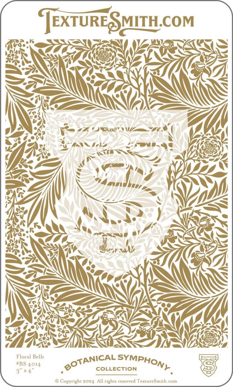 Intricate gold and white botanical design with a central, ornate emblem.