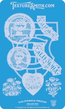 Blue and white California-themed graphic design with various icons.