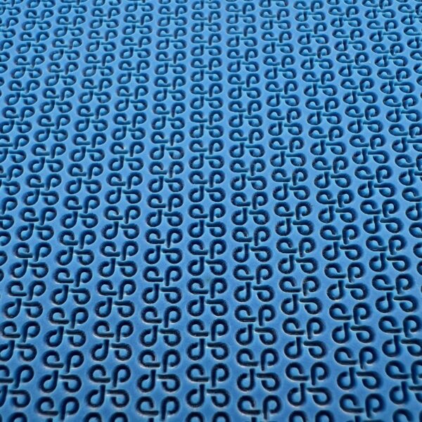 Blue fabric with repeating black abstract chain patterns.