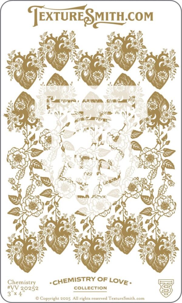 Ornate vintage floral and heart pattern in gold on white background.