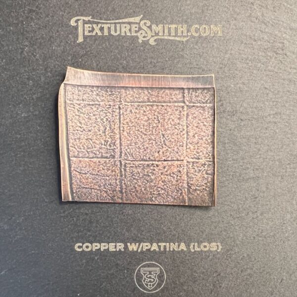 Copper square with patina and a glossy finish.