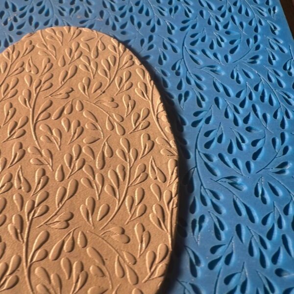 Textured oval shapes with leaf patterns in beige and blue.