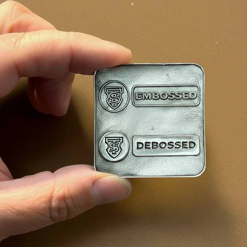 A metal stamp with 'DEBOSSED' and 'EMBOSSED' labels held by fingers.