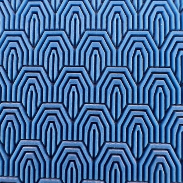 Blue geometric pattern with interconnected shapes.