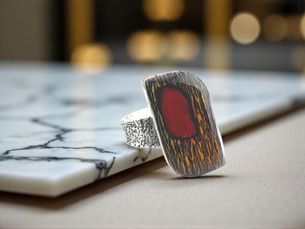 A close-up of a silver ring with a red stone on a marble surface.