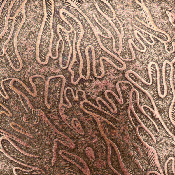 Close-up of an intricate, abstract pattern with organic, hand-like shapes in earthy tones.