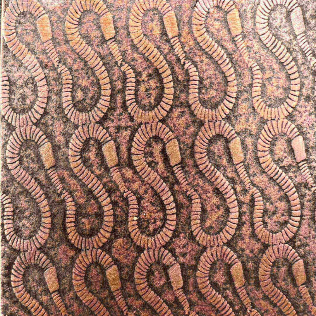 Intricate pattern of curled, snake-like shapes in earthy tones.