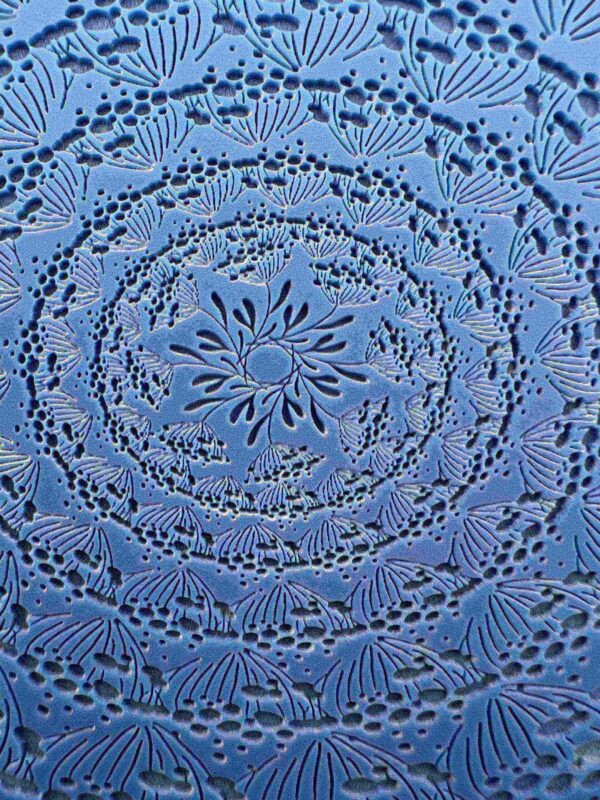 Intricate blue lace fabric with circular floral patterns.