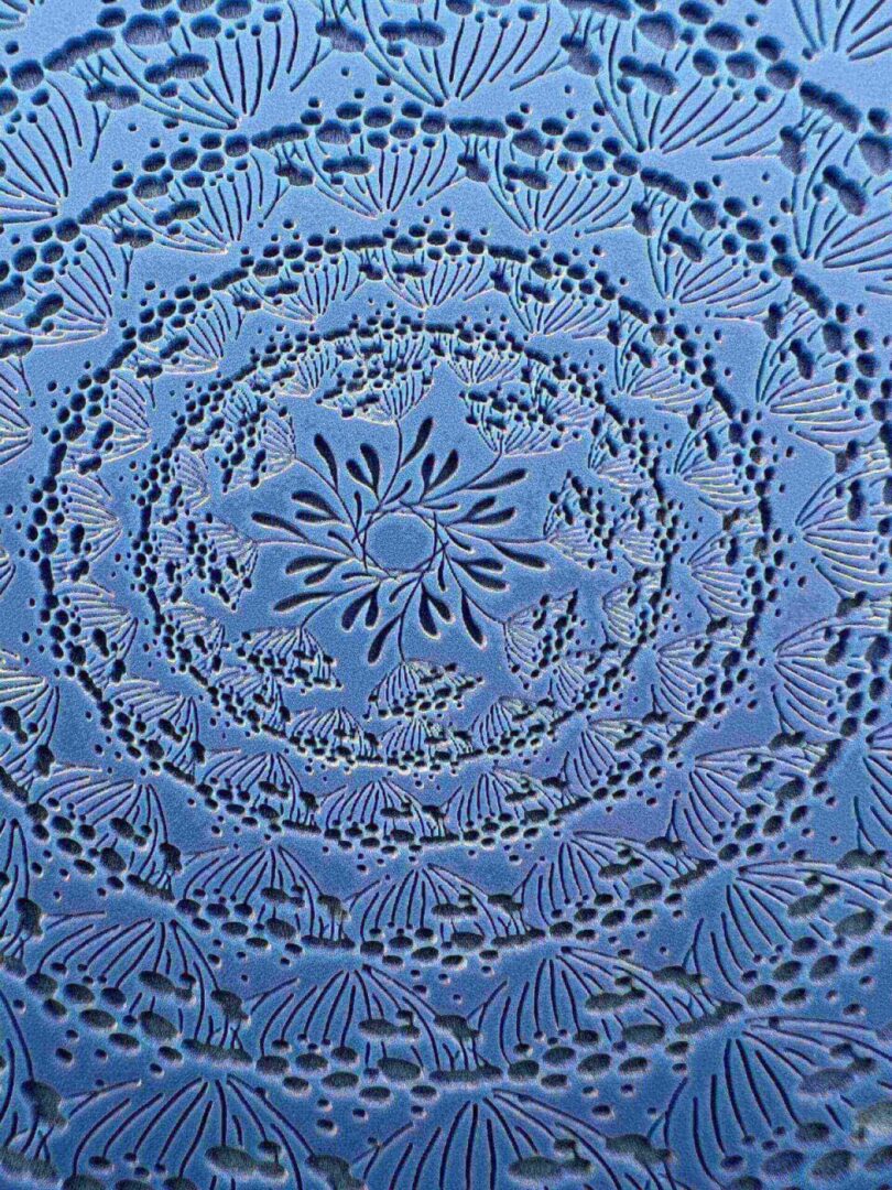 Intricate blue lace fabric with circular floral patterns.
