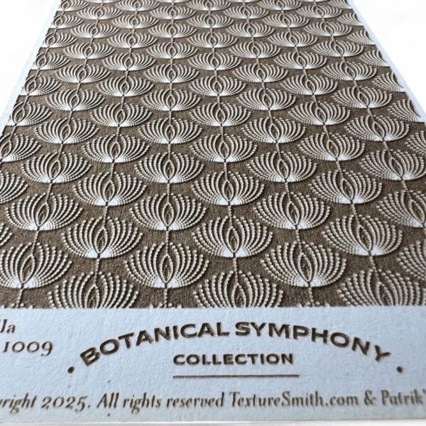 Patterned botanical design with fan-shaped elements on a textured surface.