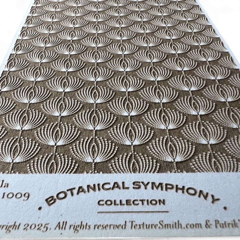 Patterned botanical design with fan-shaped elements on a textured surface.