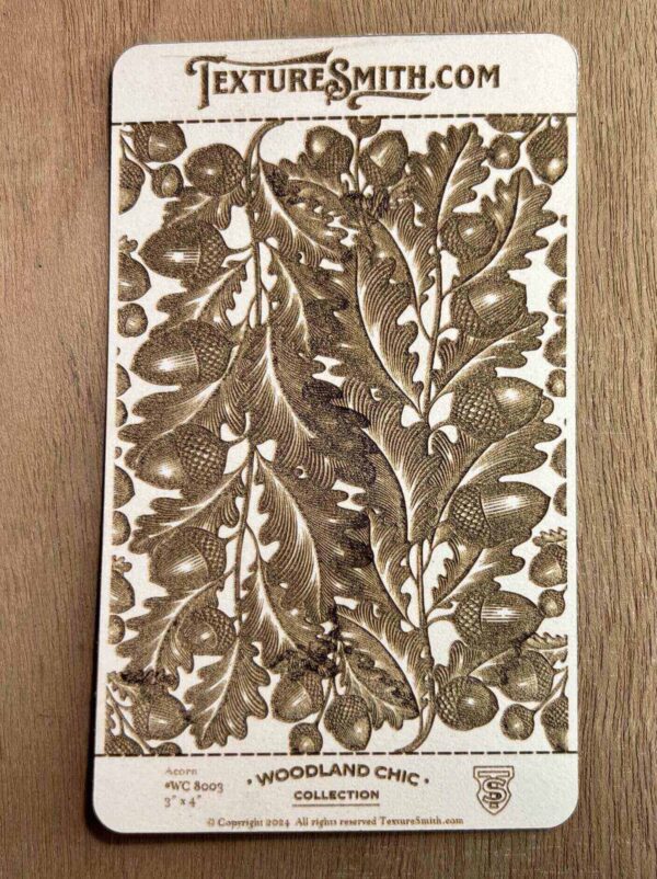 Intricate botanical woodblock print with leaves and berries in sepia tones.
